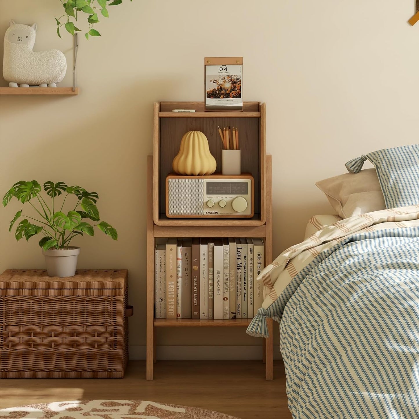 100% Solid Oak Ladder Shelf with Cabinet, 32.67" Tall Nightstand with Stable Frame for Bedroom, Small Bookcase for Living Room Nursery(Natural, Fully Assembly Furniture)