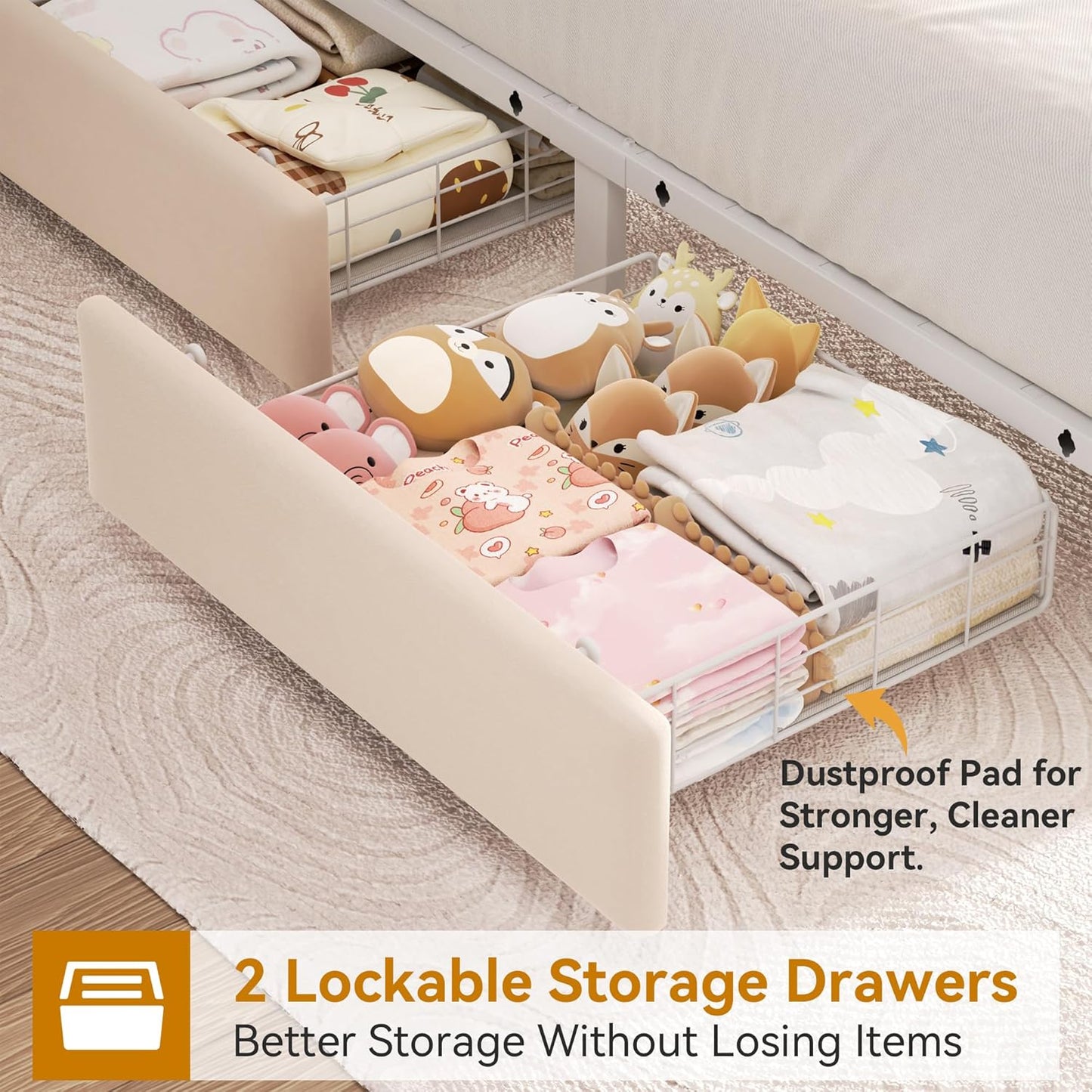 Twin Upholstered LED Bed Frame with 2 Storage Drawers and 2-Tier Storage Bookcase Headboard, Velvet Princess Platform Bed for Kids/Girls/Boys, Heavy Duty Metal Support, No Box Spring Needed, Beige
