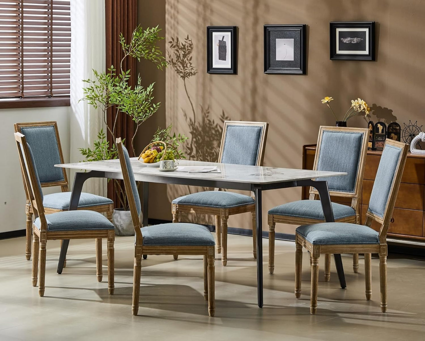 Merax Upholstered Solid Wood Dining Chairs Set of 6, French Country Style Accent Side Seating Furniture for Kitchen, Living Room, Cushioned Back, Slate Blue