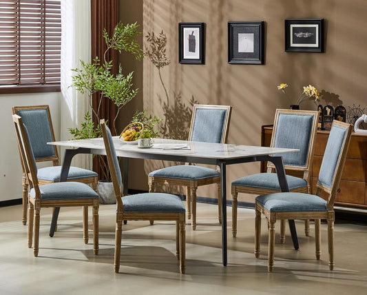 Merax Upholstered Solid Wood Dining Chairs Set of 6, French Country Style Accent Side Seating Furniture for Kitchen, Living Room, Cushioned Back, Slate Blue