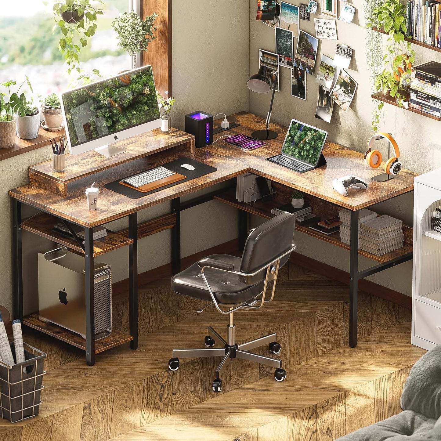 Unikito L Shaped Computer Desk with Magic Power Outlets and Smart LED Light, Sturdy Reversible Corner Desk with Monitor Stand & Storage Shelves, Home Office Work Desk, Easy to Assemble, Rustic