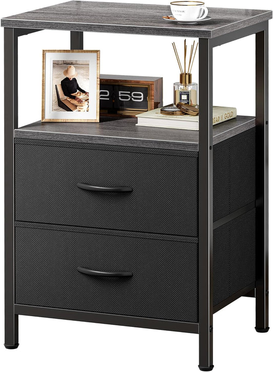 Huuger Night Stand with 2 Drawers, Bed Side Table with Open Shelf, Wooden Top, Nightstand for Bedroom, End Table for Small Space, Fabric Drawer, Grey