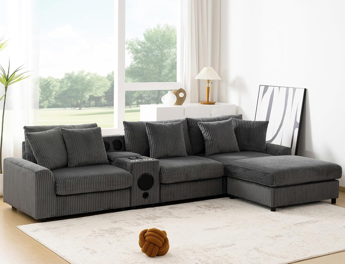 Merax 114 * 64" Corduroy Sectional Couches with Bluetooth Speakers, Storage, Ottoman & Pillows, Upholstered Modular Sofa Chaise with Console, USB Charger, Cup Holders for Living Room Apartment, Grey