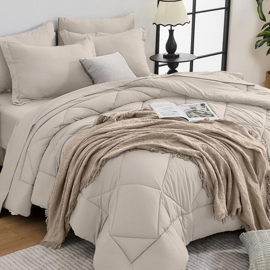 HEVUMYI Beige Tan Cali-King Comforter Set - 7-Piece All Season Bed in a Bag Cali-King, Ultra Soft Bedding Set with Comforter, Flat Sheet, Fitted Sheet, Pillowcases, Pillow Shams, Beige Tan