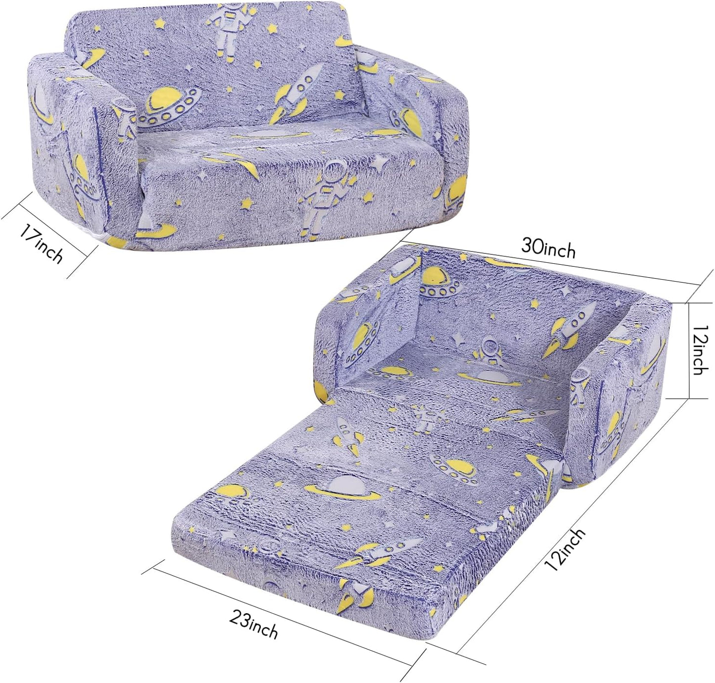 Foldable Kids Sofa,Soft Kids Fold Out Couch Glow in The Dark,Convertible Sofa to Lounger Toddler Sofa Chair(Space
