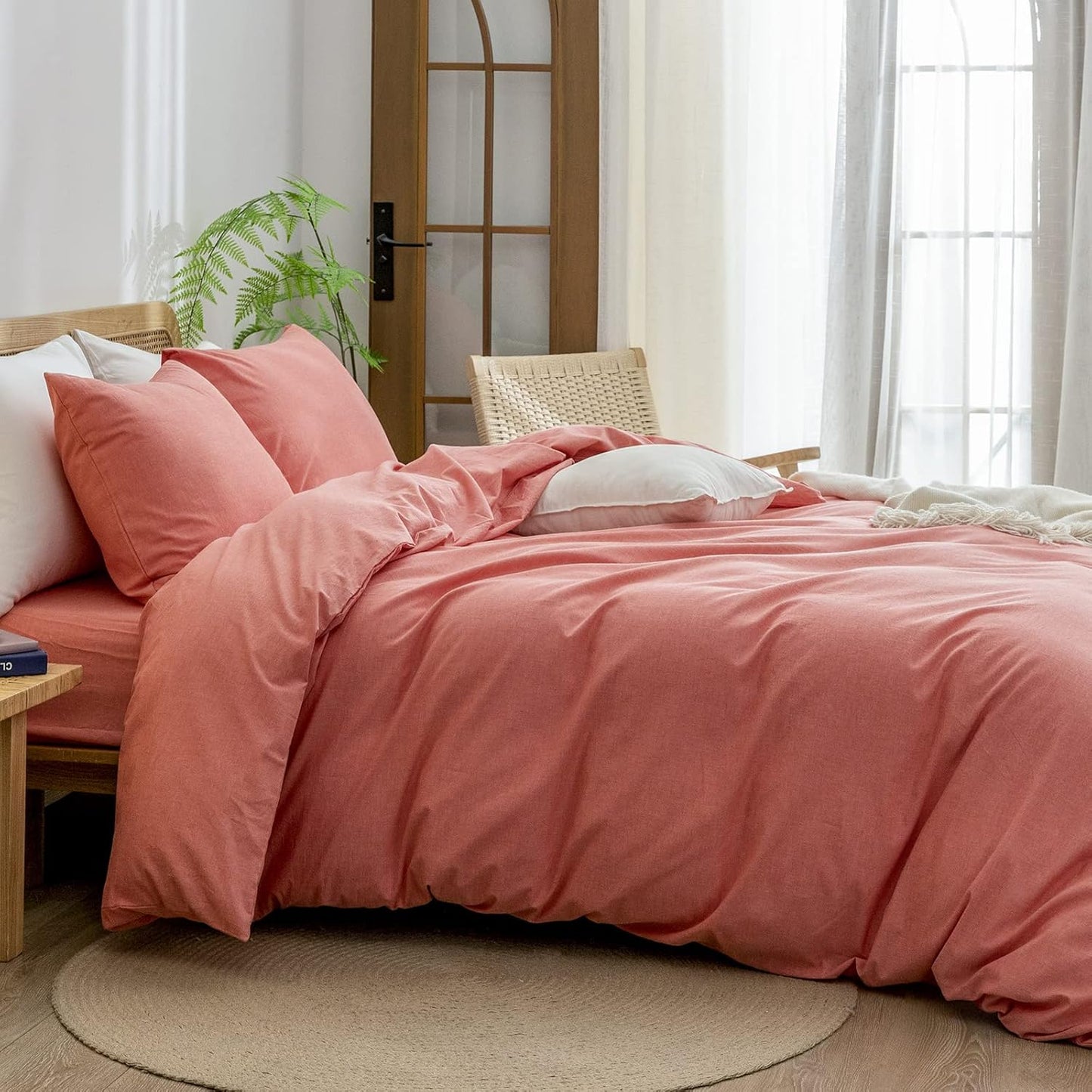 BESTOUCH Duvet Cover Set 100% Washed Cotton Linen Feel Super Soft Comfortable Chic Lightweight 2 PCs Home Bedding Set Solid Orange Twin/Twin XL