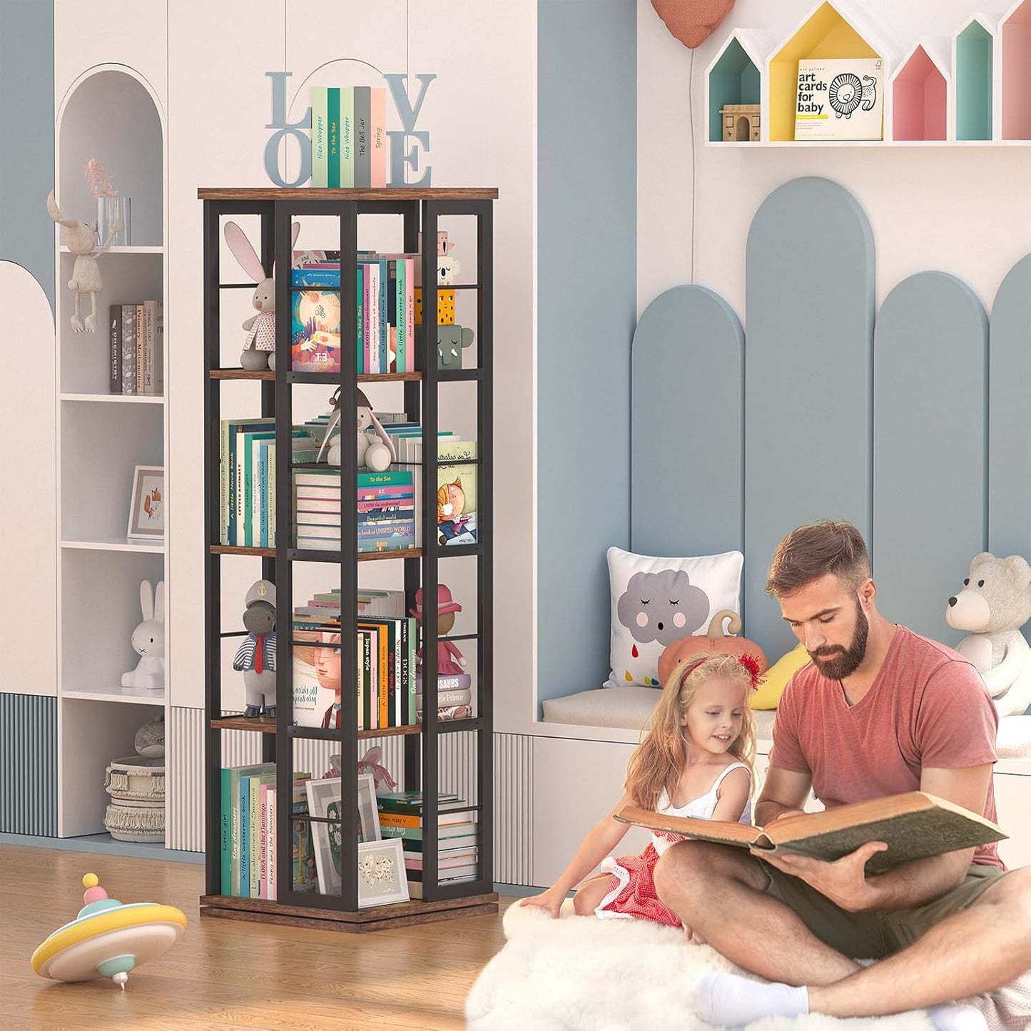 Aheaplus Rotating Bookshelf, Corner Bookcase, 360 Display Wood Spinning Bookshelves, Floor Standing Bookcases Narrow Shelf, 4 Tiers, Rustic Brown