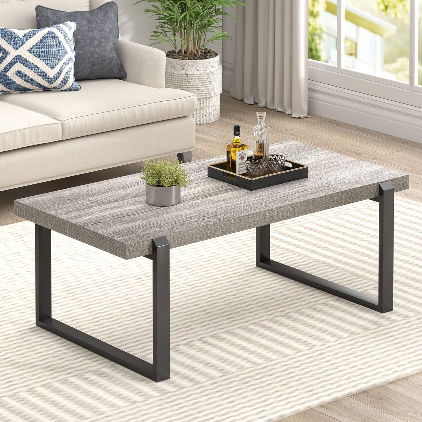 FOLUBAN Modern Coffee Table, Rustic Wood and Metal Center Table, Retro Small Cocktail Tea Table for Living Room, Light Grey, 44 Inch