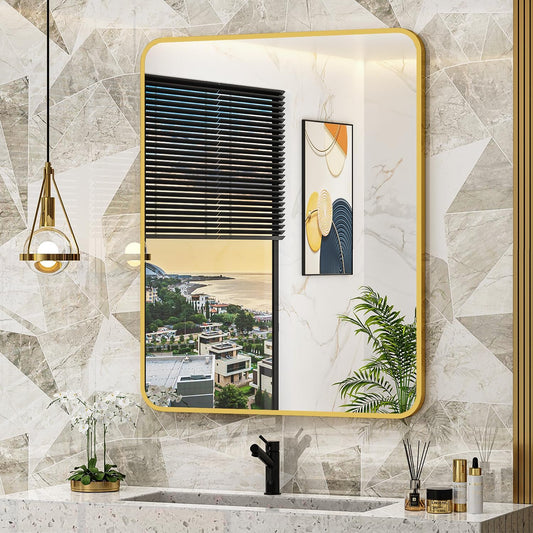 24x30 Inch Bathroom Medicine Cabinet with Mirror Gold Metal Framed Recessed or Surface Wall Mounted Mirrored Medicine Cabinets for Bathroom