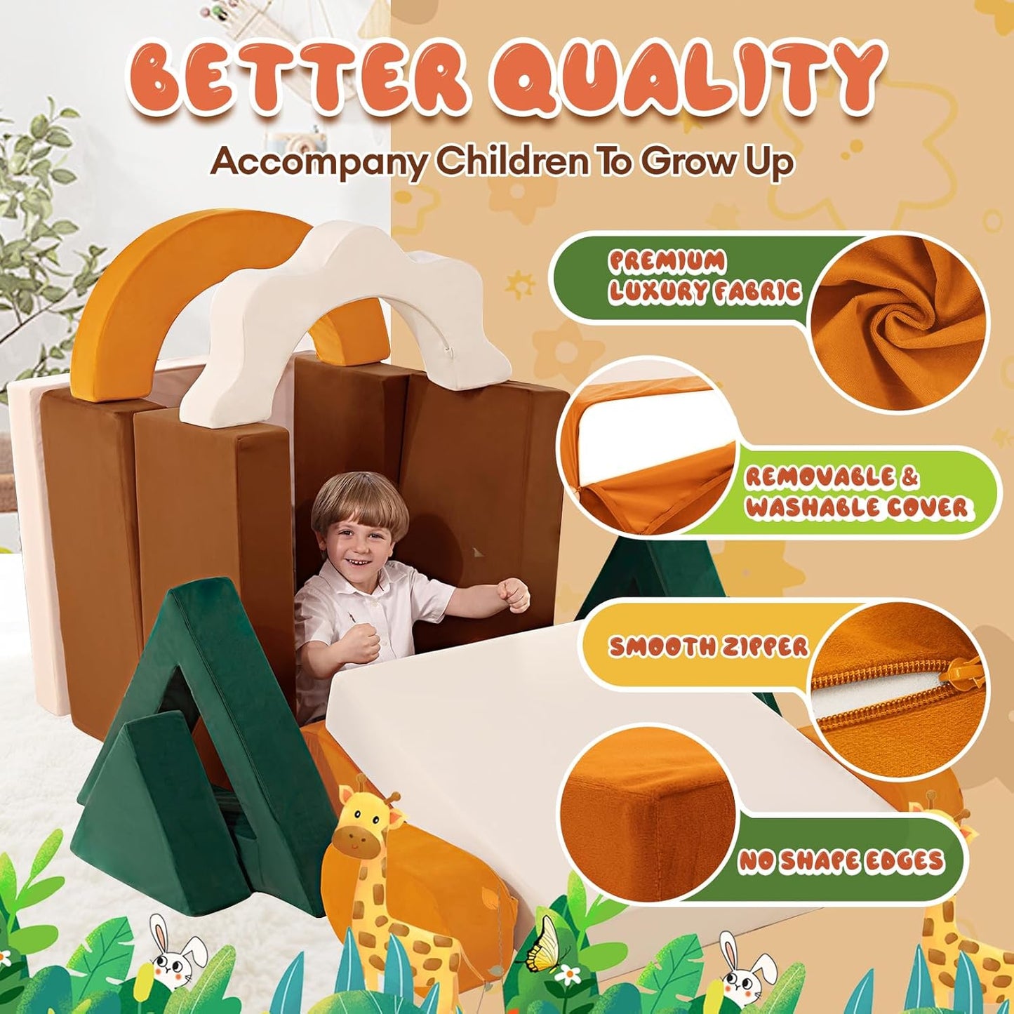 18PCS Modular Kids Play Couch - Junlge Theme Toddler Couch Building Fort, Convertible Sofa Multifunctional Kids Sofa, Toddler Baby Playroom/Bedroom Furniture for Playing, Sleeping