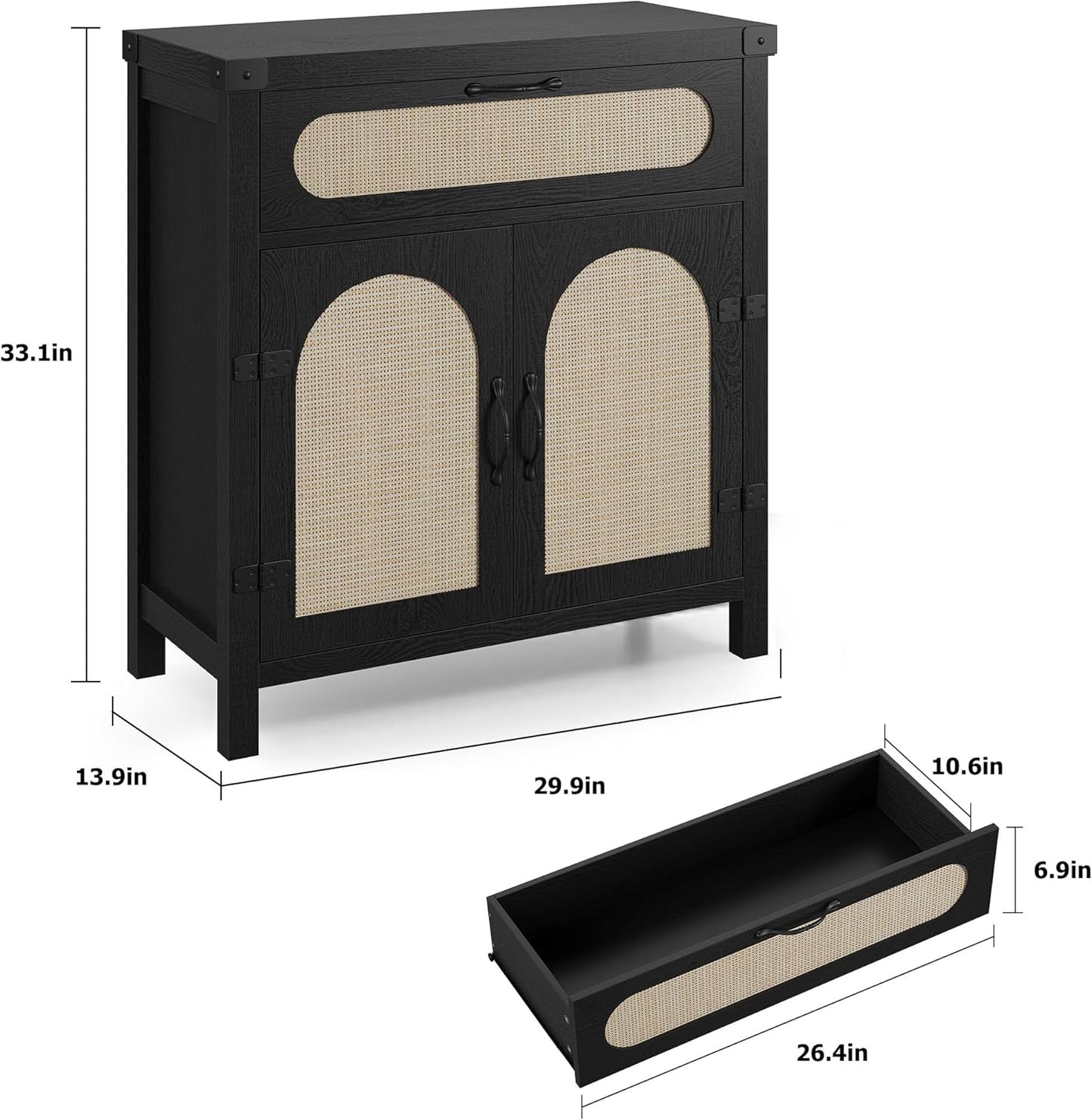 IDEALHOUSE Rattan Cabinet with Drawer, Sideboard with Synthetic Rattan-Accent Doors, Adjustable Shelves, Buffet Cabinet for Living Room Dining Room, Black