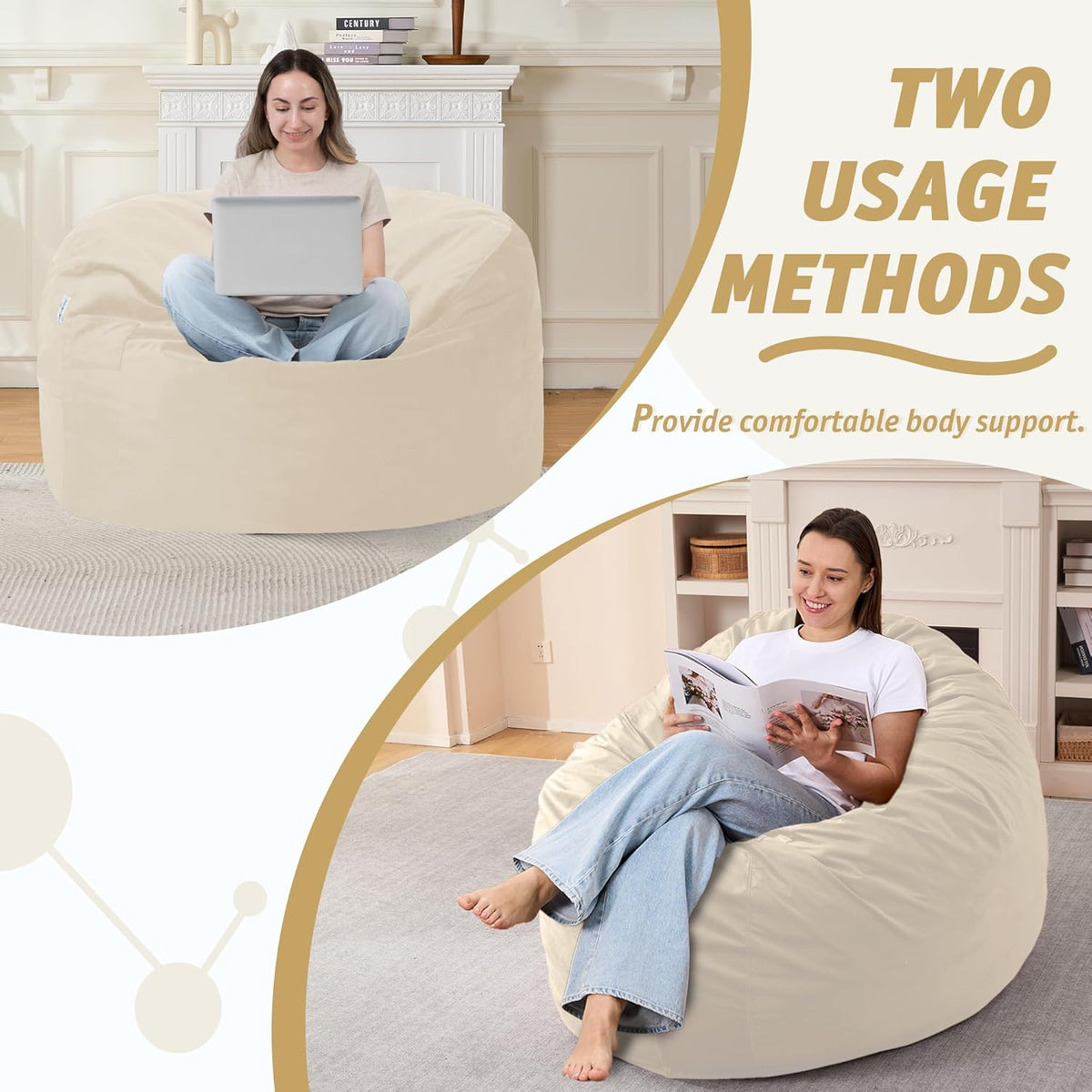 3FT Bean Bag Chair with Ultra Soft Velvet Cover Bean Bag Sofa with Memory Foam Bean Bag Chairs with Large Size Lazy Sofa for Dorm Office Living Room Bedroom Khaki 3'