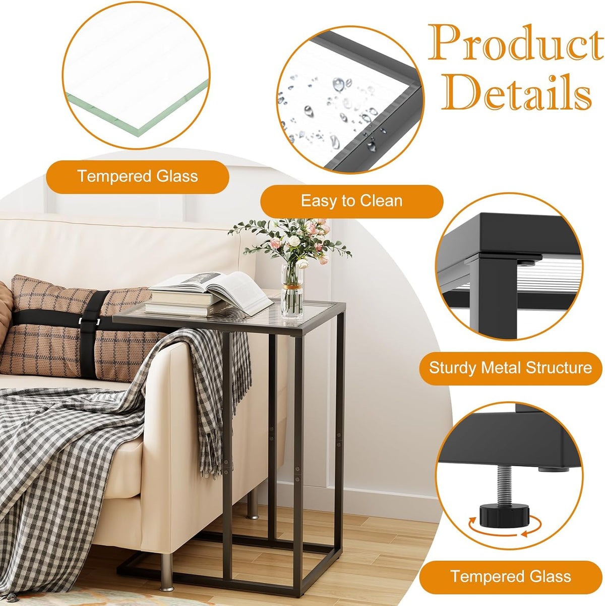 C Shaped End Table Set of 2, Couch Side Tables for Living Room, Small Glass End Table with Metal Frame, Modern Snack Table for Bedroom, Small Space, Easy Assembly, Black, 23.62 x 15.75 x 11.81