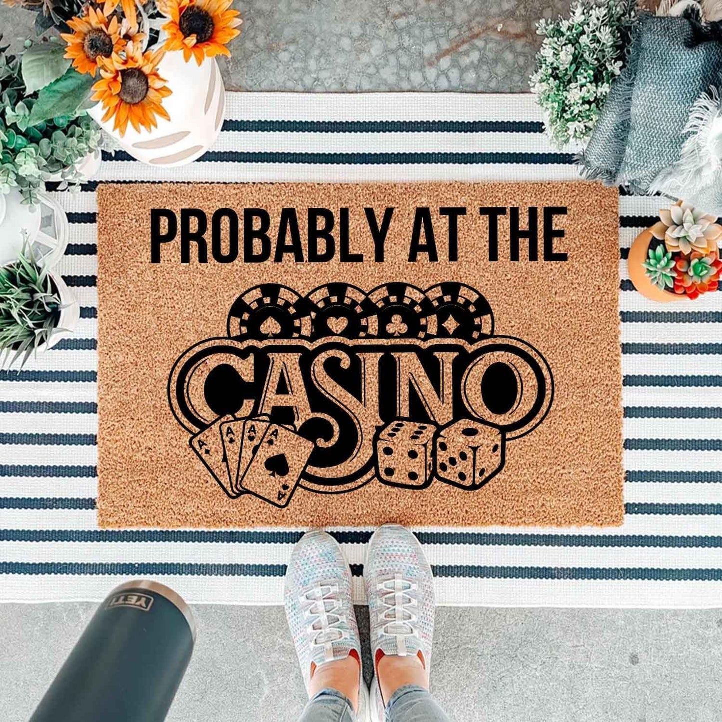 Funny Coir Doormat with Probably at The Casino - Front Door Mat, Entryway Welcome Mat, 23.7 x 15.7 inch