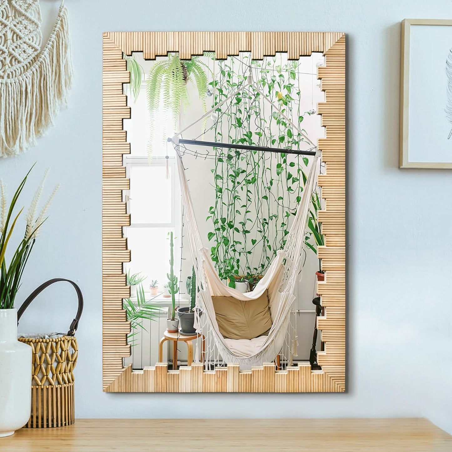 Boho Wall Mirror with Wood Frame, 30"x20" Faux Rattan Decorative Vanity Mirror for Bathroom, Living Room, Bedroom, Entryway(Rectangle)