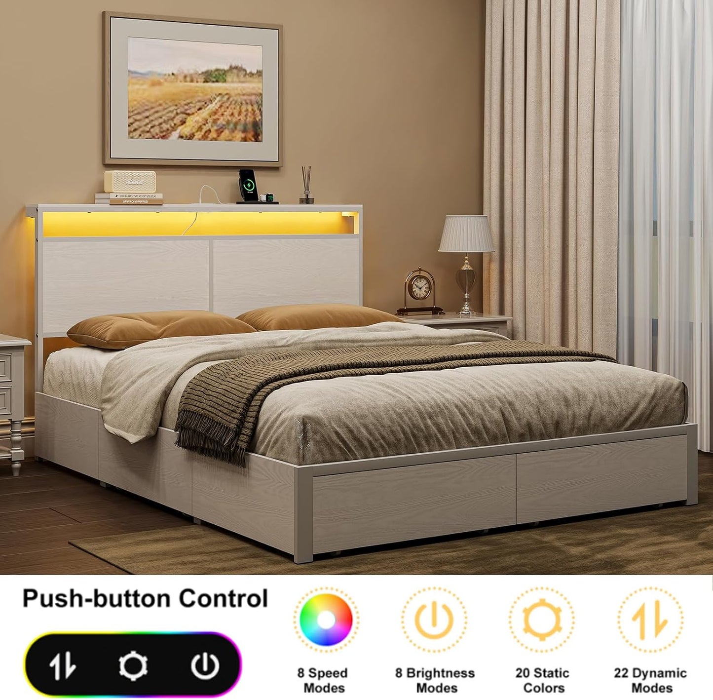 King Bed Frame with 4 Storage Drawers Bed Frame King Size with Headboard LED Lights Charging Station Metal Slats Platform Heavy-Duty Support No Box Spring Needed White