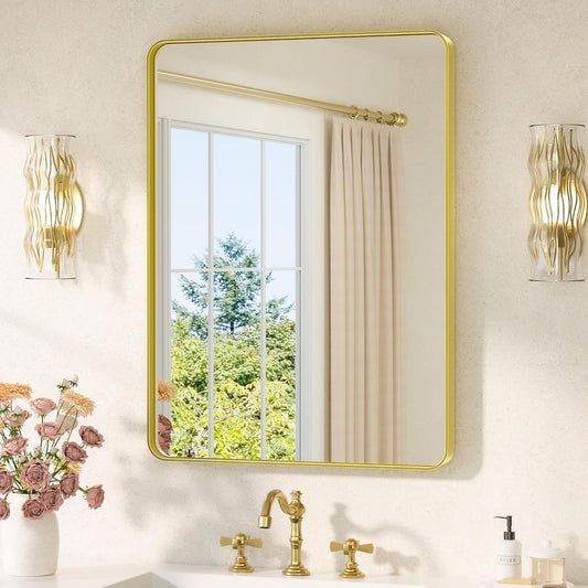 TETOTE Brushed Gold Bathroom Mirror 24 x 32 Gold Metal Framed Bathroom Mirror, Tempered Glass, Modern Farmhouse Wall Mounted Mirror for Decorative(Horizontal/Vertical)