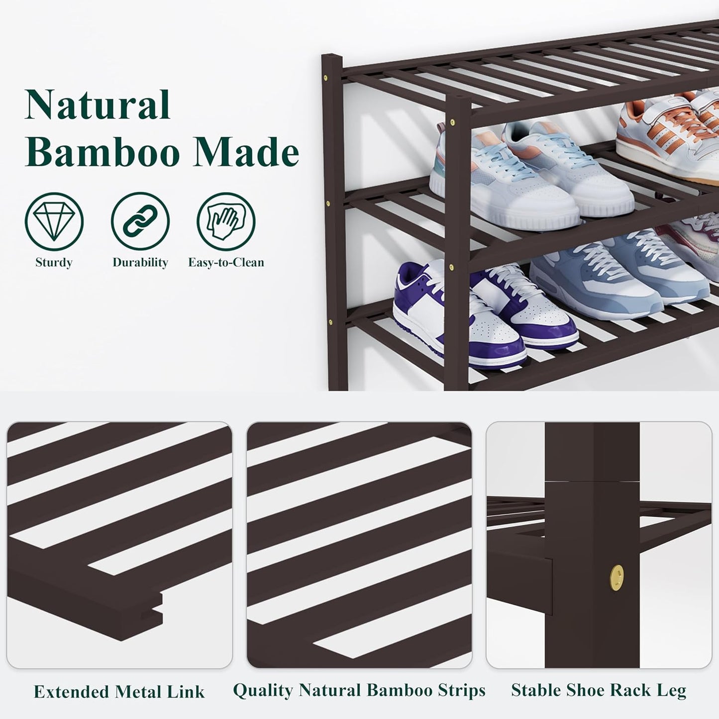 Smiry Shoe Rack, 3 Tier Thick Bamboo Shoe Organizer, Stackable Free Standing Wooden Shoe Storage Shelf for Closet, Entryway, Front Door Entrance, Brown