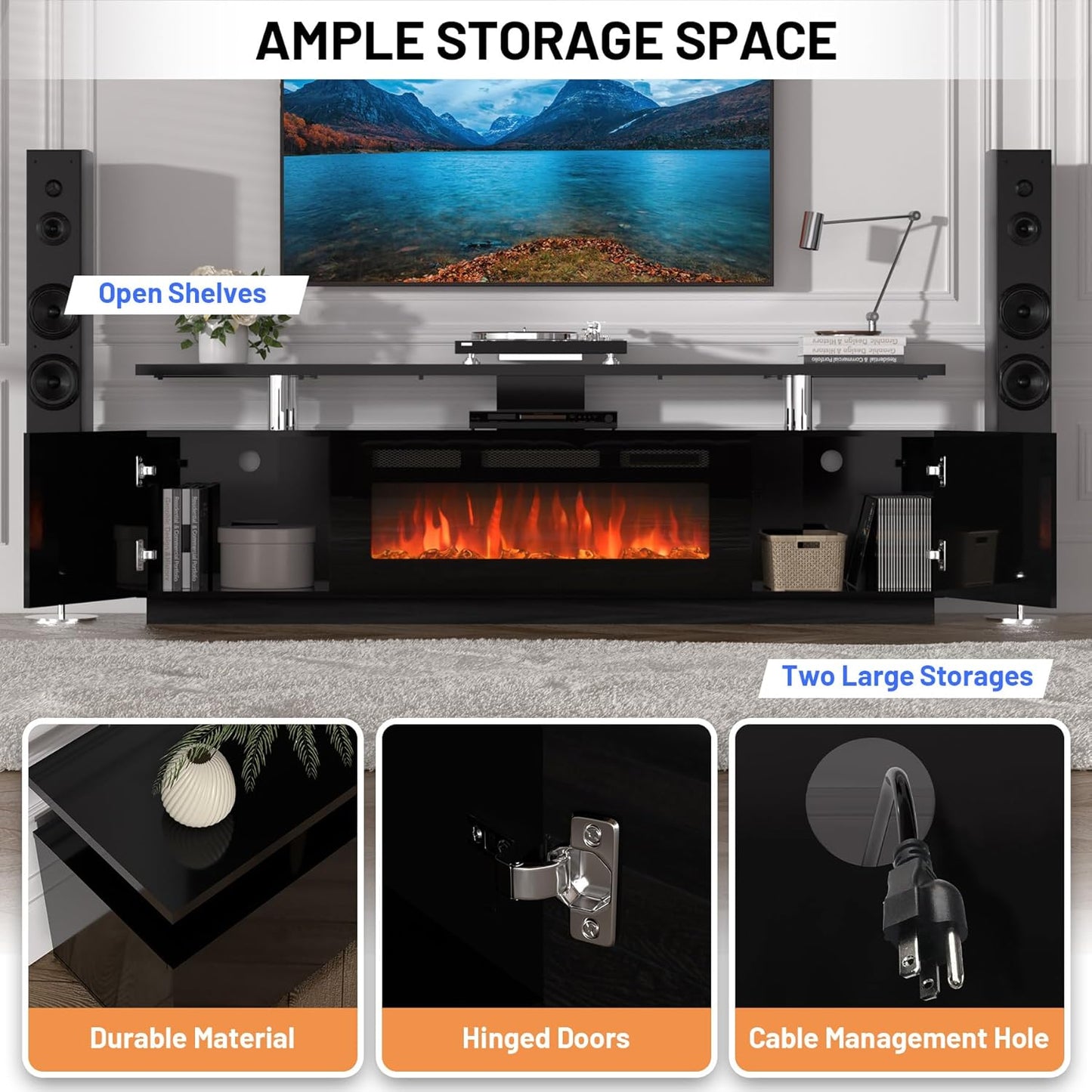 70'' Fireplace TV Stand with 36'' Firplace, Entertainment Center, 2 Tier TV Console Cabinet with Storage Cabinet, Electric Fireplace Heater with 12 Frame and LED Light Colors, Black