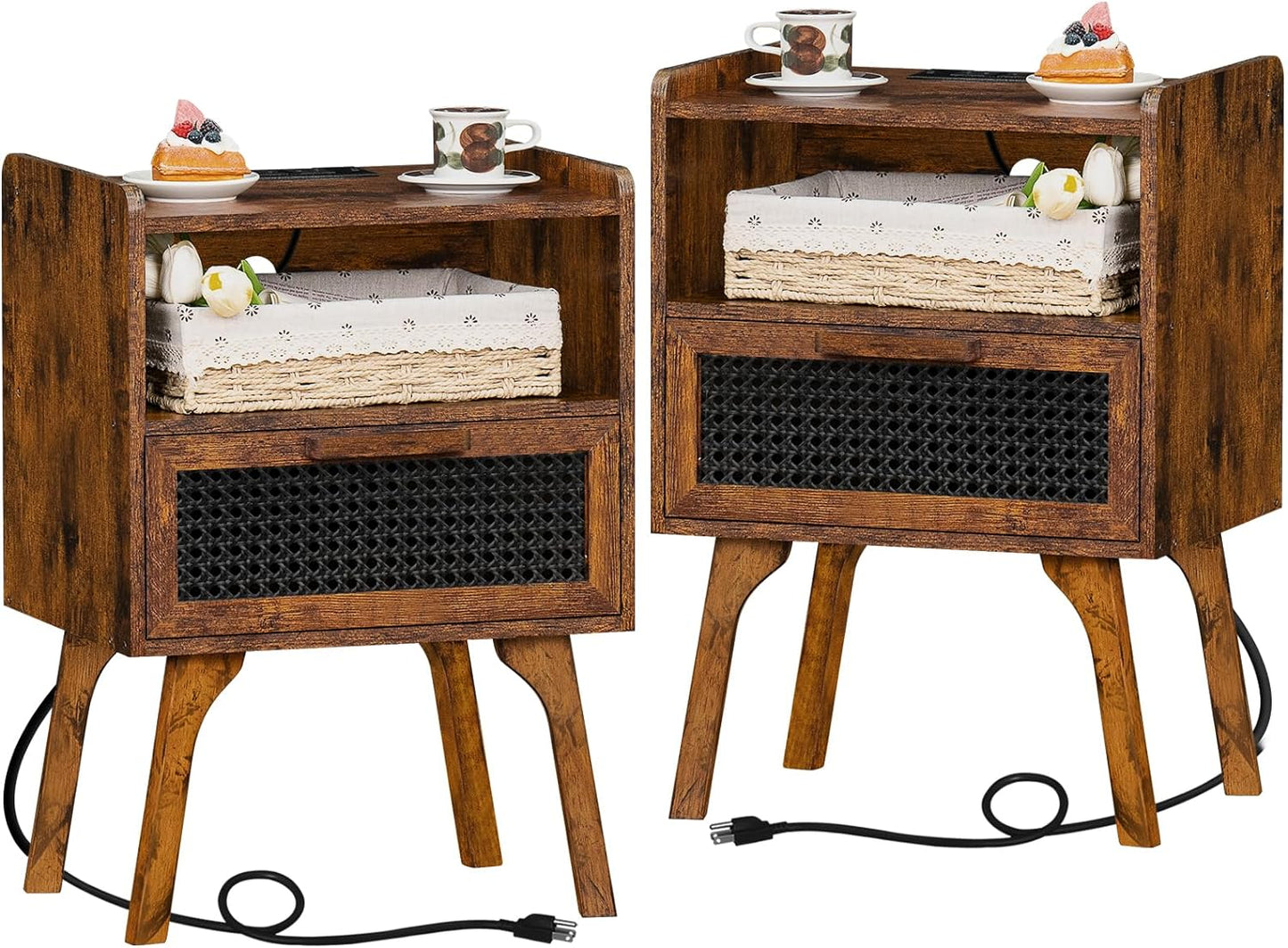 Lerliuo Rattan Nightstands Set of 2 with Charging Station, Boho Side Table with Drawer Open Shelf, Cane Accent Bedside End Table with Solid Wood Legs for Bedroom, Dorm and Small Spaces (Brown)