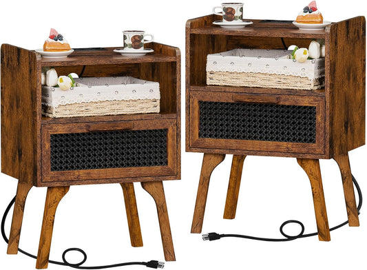 Lerliuo Rattan Nightstands Set of 2 with Charging Station, Boho Side Table with Drawer Open Shelf, Cane Accent Bedside End Table with Solid Wood Legs for Bedroom, Dorm and Small Spaces (Brown)