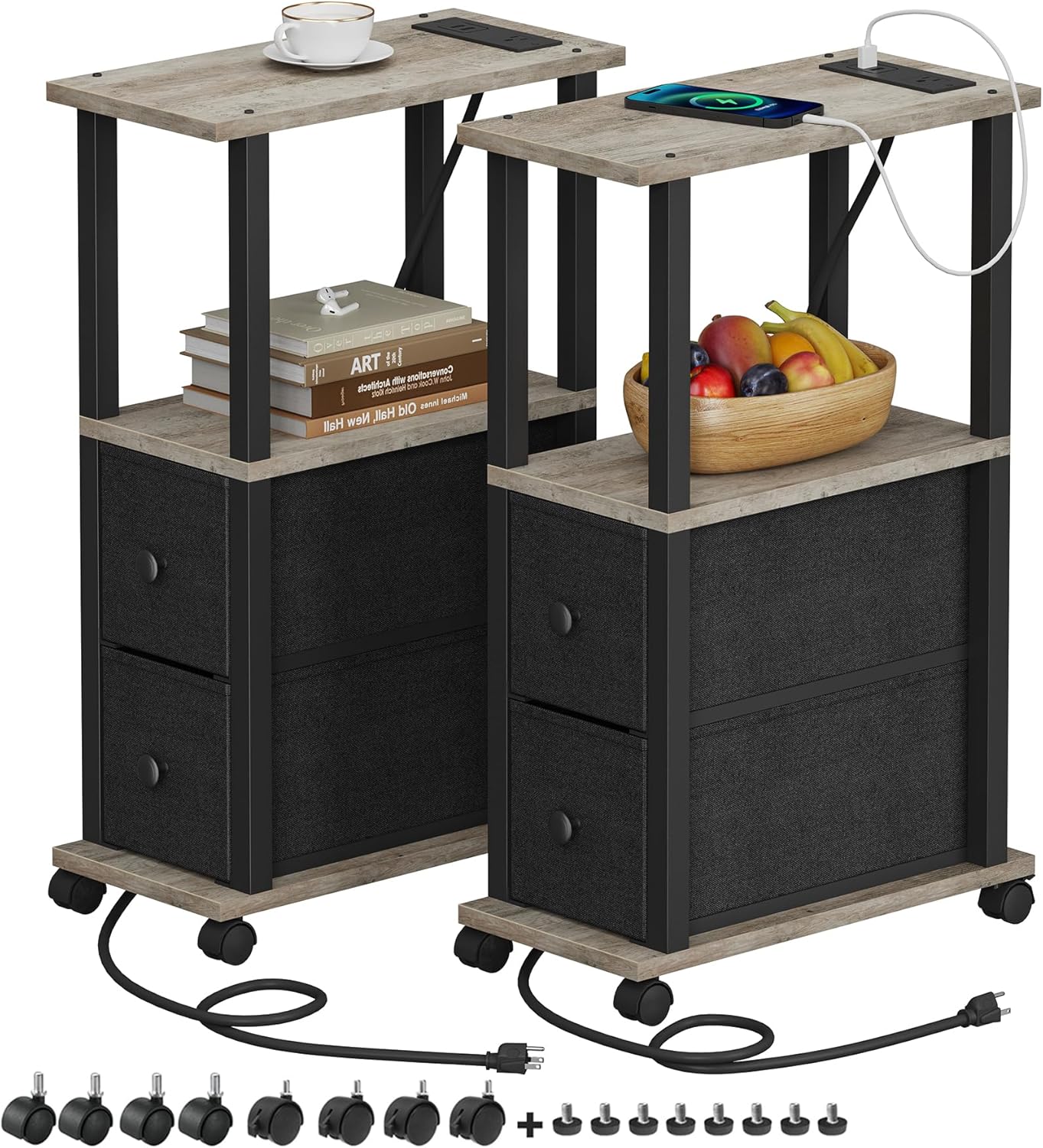 TUTOTAK Small Narrow End Tables, Side Tables with 2 Fabric Drawers, Set of 2, Bedside Tables with Charging Station for Small Spaces, Slim Nightstands with USB Ports and Wheels, TB01BG053