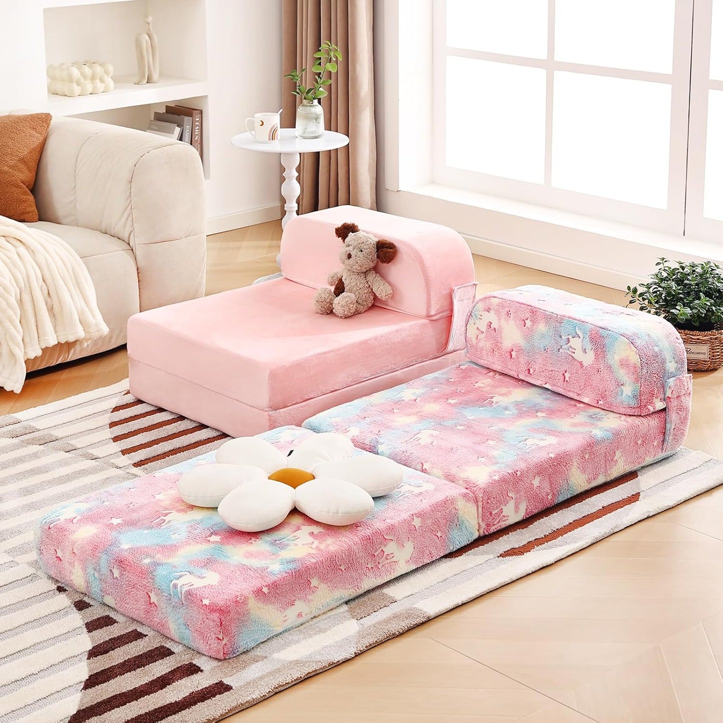 Tiita Folding Sofa Bed for Kids, Toddler Fold Out Couch Bed with Removable Cover, Kids Futon Sleeper Chair Folding Bed Mattress for Kids Room, Living Room, Guest Room,Colorful