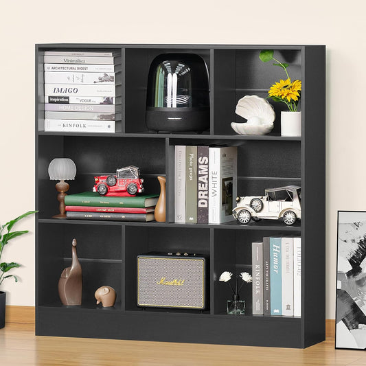 YAHARBO Black Wide Bookshelf,3 Tier Modern Horizontal Bookcase,Wood Low Bookshelves Display Storage Cabinet with Base,Floor Standing 8 Cube Large Bookcases Organizer for Bedroom,Living Room,Office