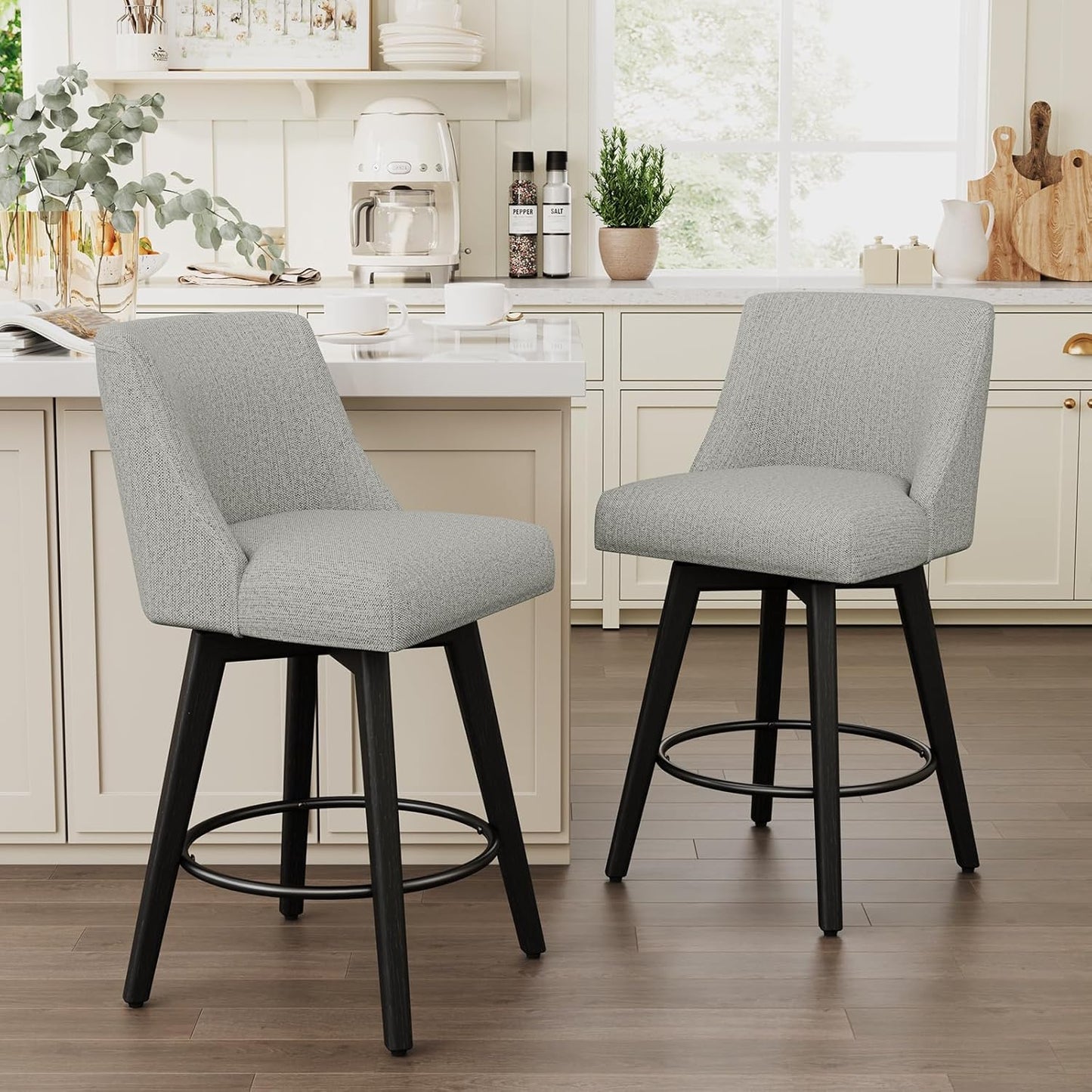 Vipbear Swivel Counter Height Bar Stools Set of 4,26.8" H Counter Stools with Back, Mid Century Modern Bar Stools for Kitchen Island,Linen Fabric,Wooden Base, Light Gray