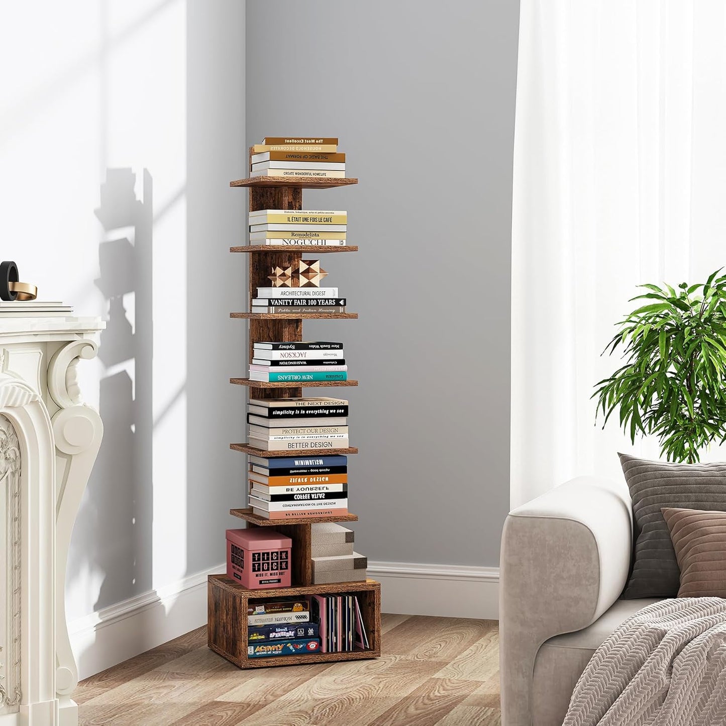 TUTOTAK Narrow Bookshelf, Vertical 8-Tier Bookcase, Spine Book Shelf for Small Space, Small Standing Shelf for Living Room, Office, Study, Entryway, Brown BS07BB008