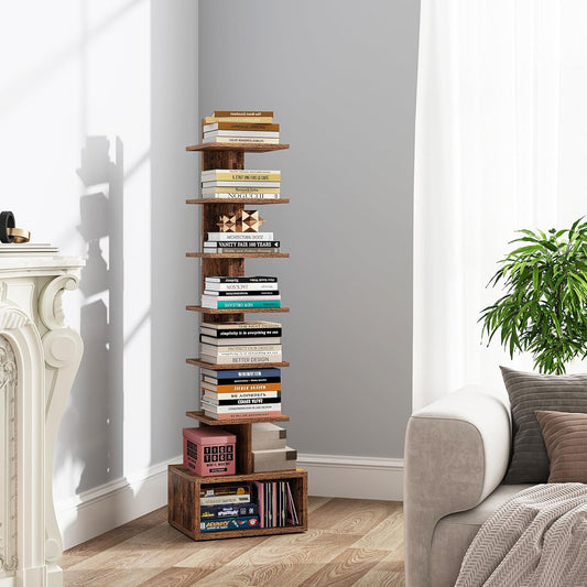 TUTOTAK Narrow Bookshelf, Vertical 8-Tier Bookcase, Spine Book Shelf for Small Space, Small Standing Shelf for Living Room, Office, Study, Entryway, Brown BS07BB008