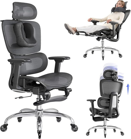 Office Chair with Footrest, Ergonomic Chair with Neck Pillow & Rubber Wheels, Computer Chair with Adjustable Backrest & 3D Armrests Headrest, Gaming Chair Adaptive Lumbar Support, Black