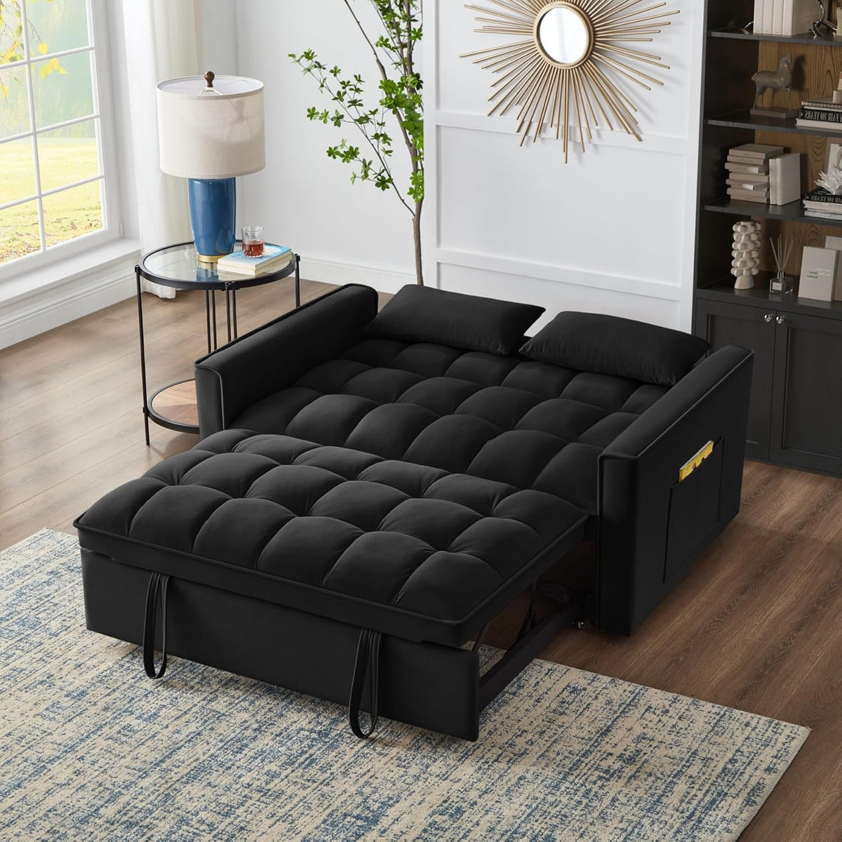 KEIKI Velvet Loveseat Convertible Sofa Bed Sleeper Chair with Adjustable Backrest, Pillows & Storage Pockets, 3 in 1 Pull-Out Couch Chaise Lounge Recliner for Living Room Balcony Bedroom, Black