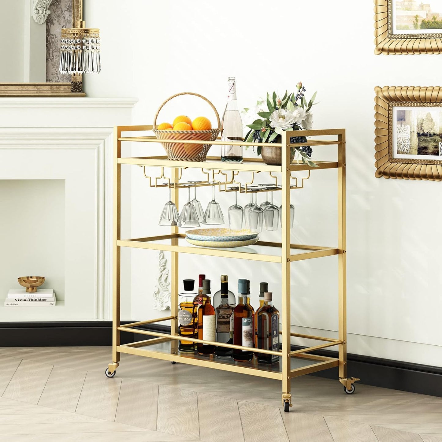 Glass Gold Bar Carts for Home with Hanging Wine Rack - Home Bar Serving Cart with 3 Mirrored Shelves, Kitchen Bar Carts, Wine Cart for Entertaining, Club Party.