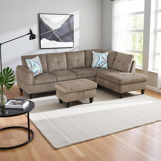Couches for Living Room Modern L Shaped Couch Comfy Velvet Fabric 3 Pieces Sectional Sofa with Chaise, Ottoman with Storage for Office and Small Apartment, Brown Pineapple