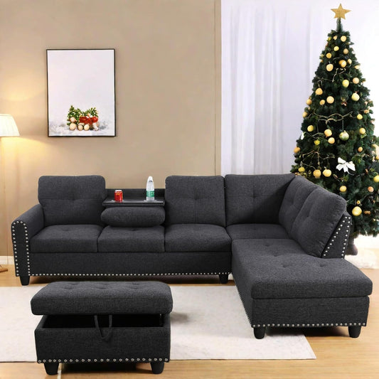 L Shaped Sectional Couch with Otttoman, 97" Sectional Sofa for Living Room Flannel Modular Couches with Cup Holders for Bedroom, Apartments, Black Grey