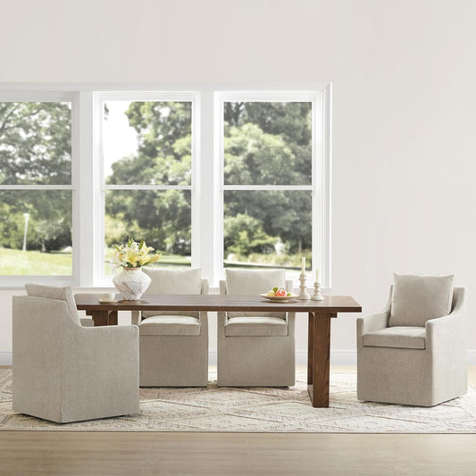 Upholstered Dining Chairs with Casters Easy Assembly Side Deskchair with Rollers for Diningroom, Living Room, Khaki, 4 Box
