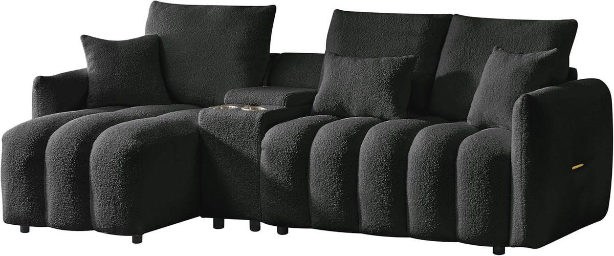 92-Inch Teddy Boucle Tufted Sofa Couch with Storage Console and Chaise Lounge, L-Shaped Left Facing Corner Sectional Sofa Couch with Cupholders, USB Ports and Golden Accent for Living Room Office