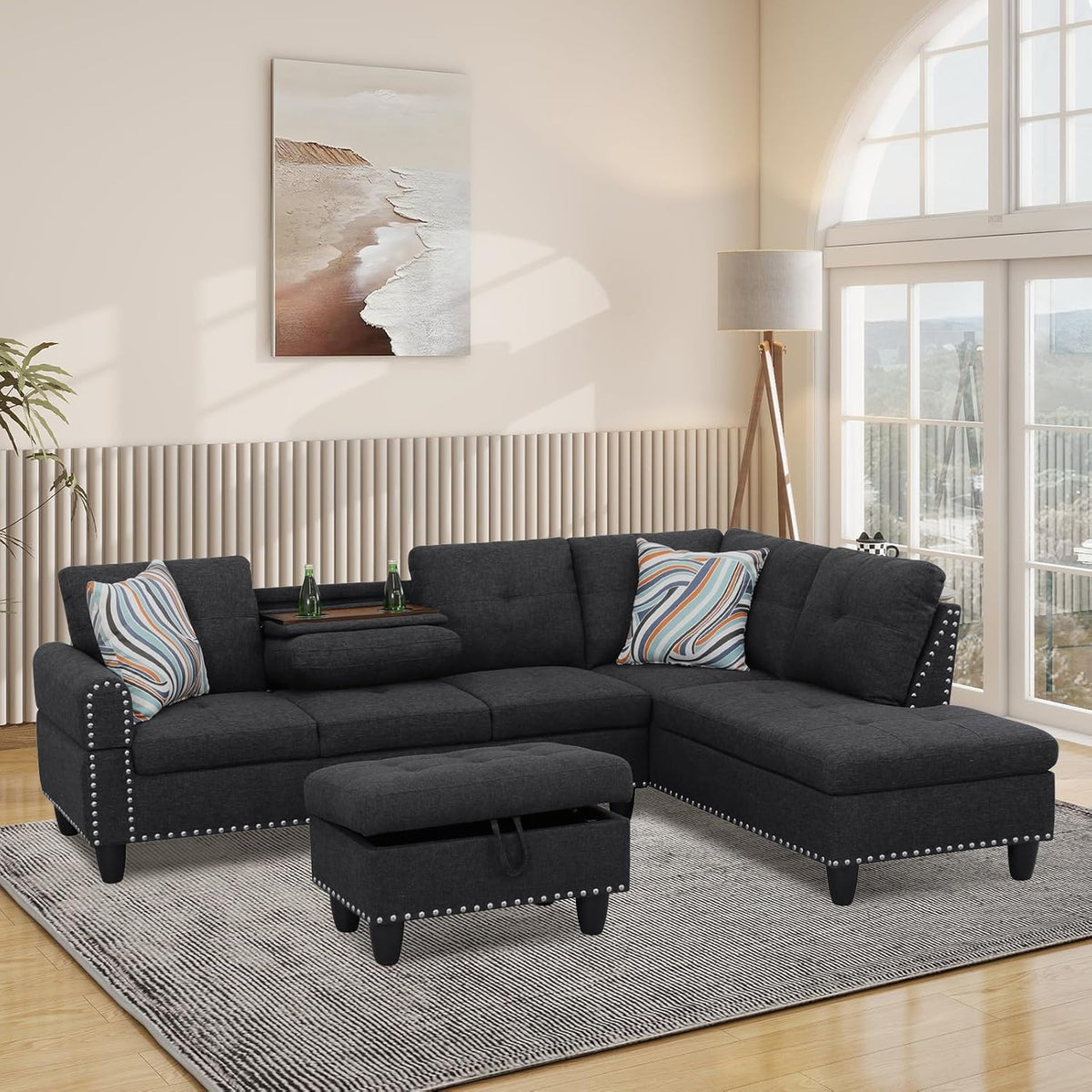 L Shaped Modular Sectional Sofa with Reversible Chaise Lounge, 5-Seater Corner Couch, Linen Upholstery Convertible Sofá w/Movable Ottoman, Cup Holders, 2 Pillows and Rivet Ornament for Living Room