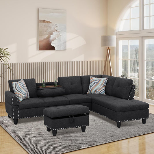 L Shaped Modular Sectional Sofa with Reversible Chaise Lounge, 5-Seater Corner Couch, Linen Upholstery Convertible Sofá w/Movable Ottoman, Cup Holders, 2 Pillows and Rivet Ornament for Living Room