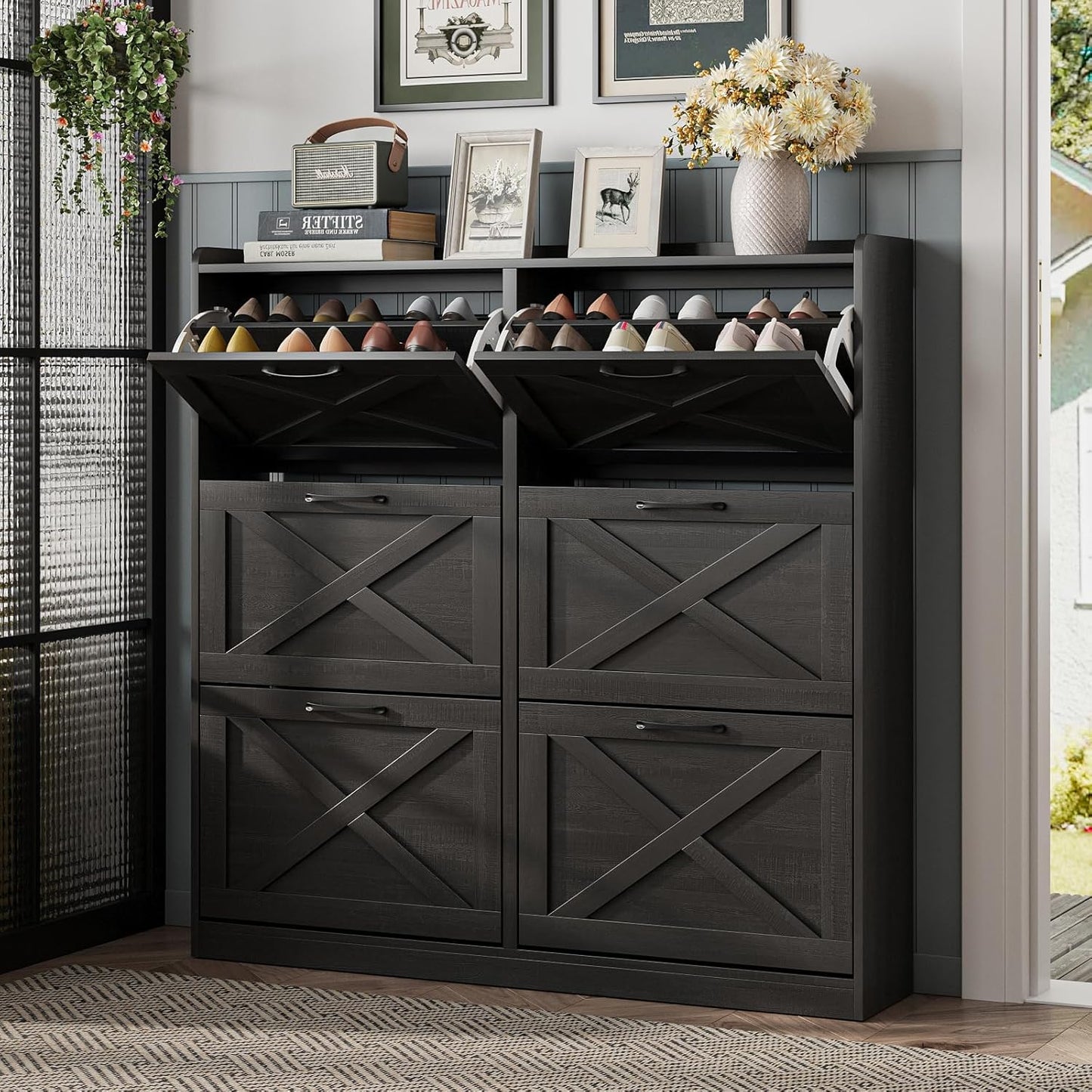 Maupvit Large Shoe Storage Cabinet with 6 Flip Drawers, Freestanding Shoe Organizer with Metal Handles for Entryway, Narrow Shoe Rack Cabinet, Black