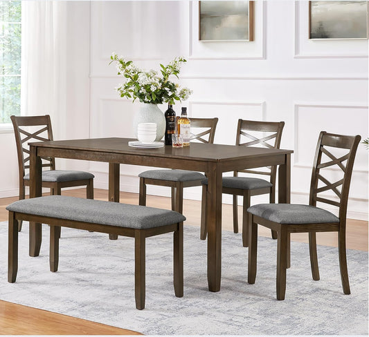 soges 6 Piece Kitchen Dining Set, Rectangular Wooden Dining Table with 4 Upholstered Chairs and a Bench, Morden Dining Table Set for 6 People, Living Room, Home Bar and Kitchen, Walnut