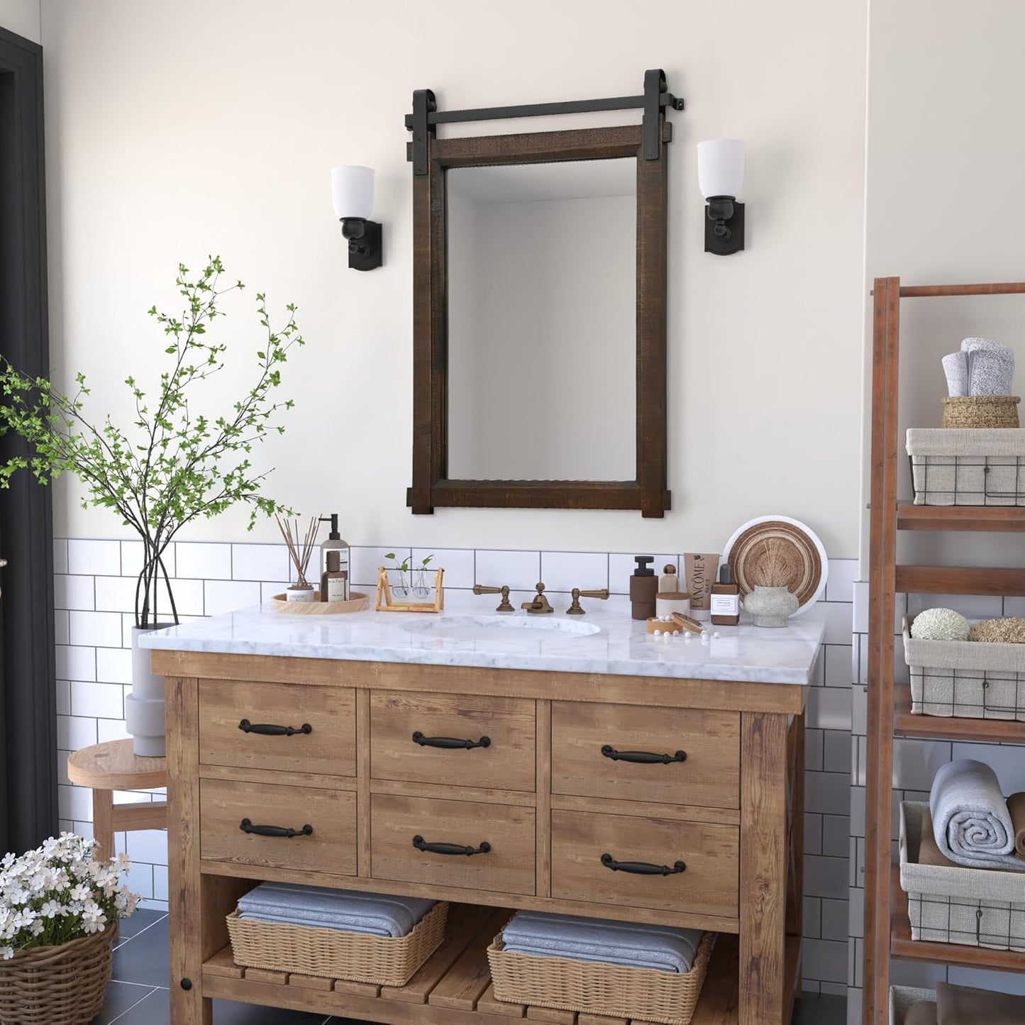 Rustic Barn Door Mirror: 24"x36" Brown Farmhouse Wood Frame - Wall Mirror for Entryway/Bathroom/Living Room Wall Decor