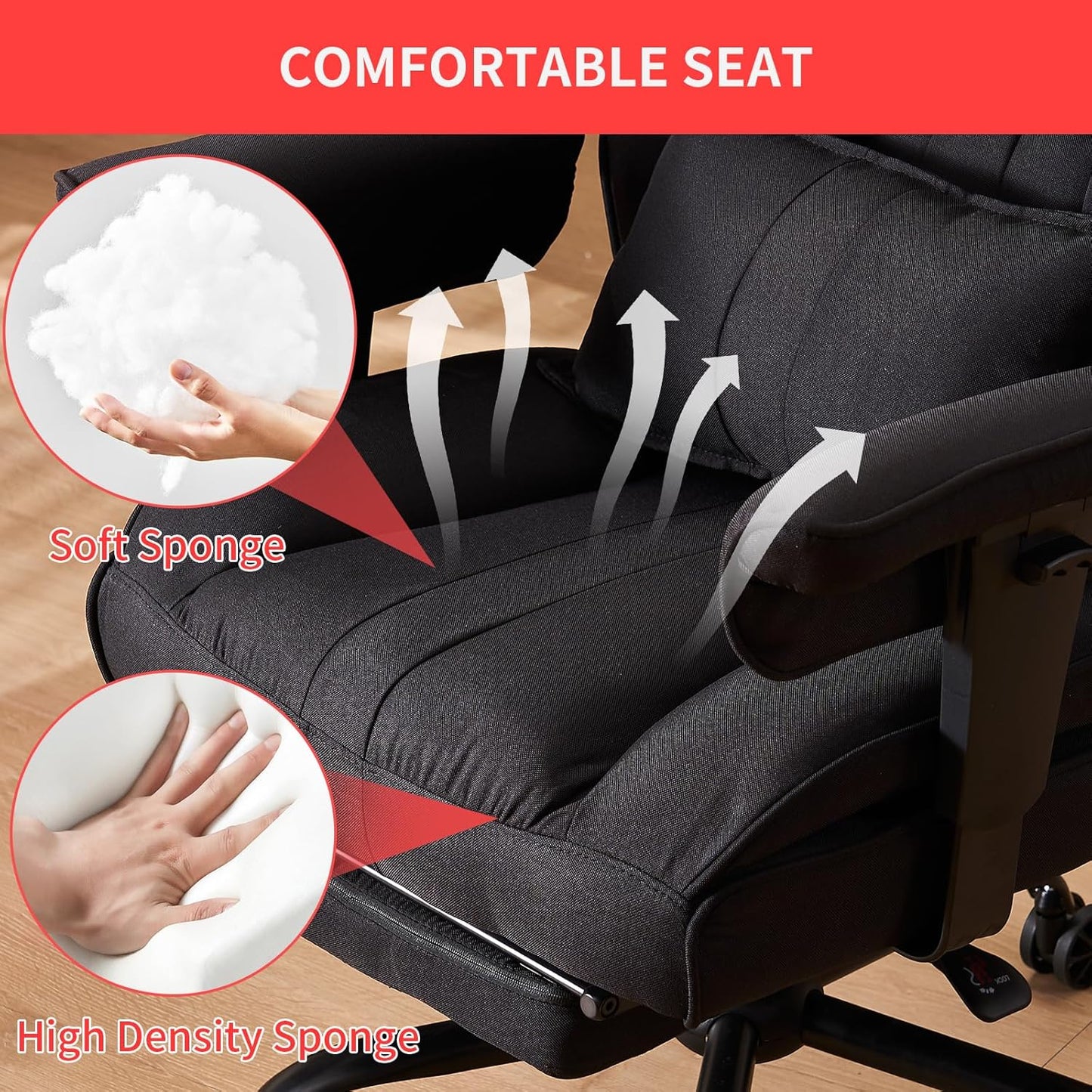 Efomao Big and Tall Office Chair 400 lb Weight Capacity, High Back Executive Office Chair with Foot Rest, Fabric Computer Chair for Back Pain Relief, Black