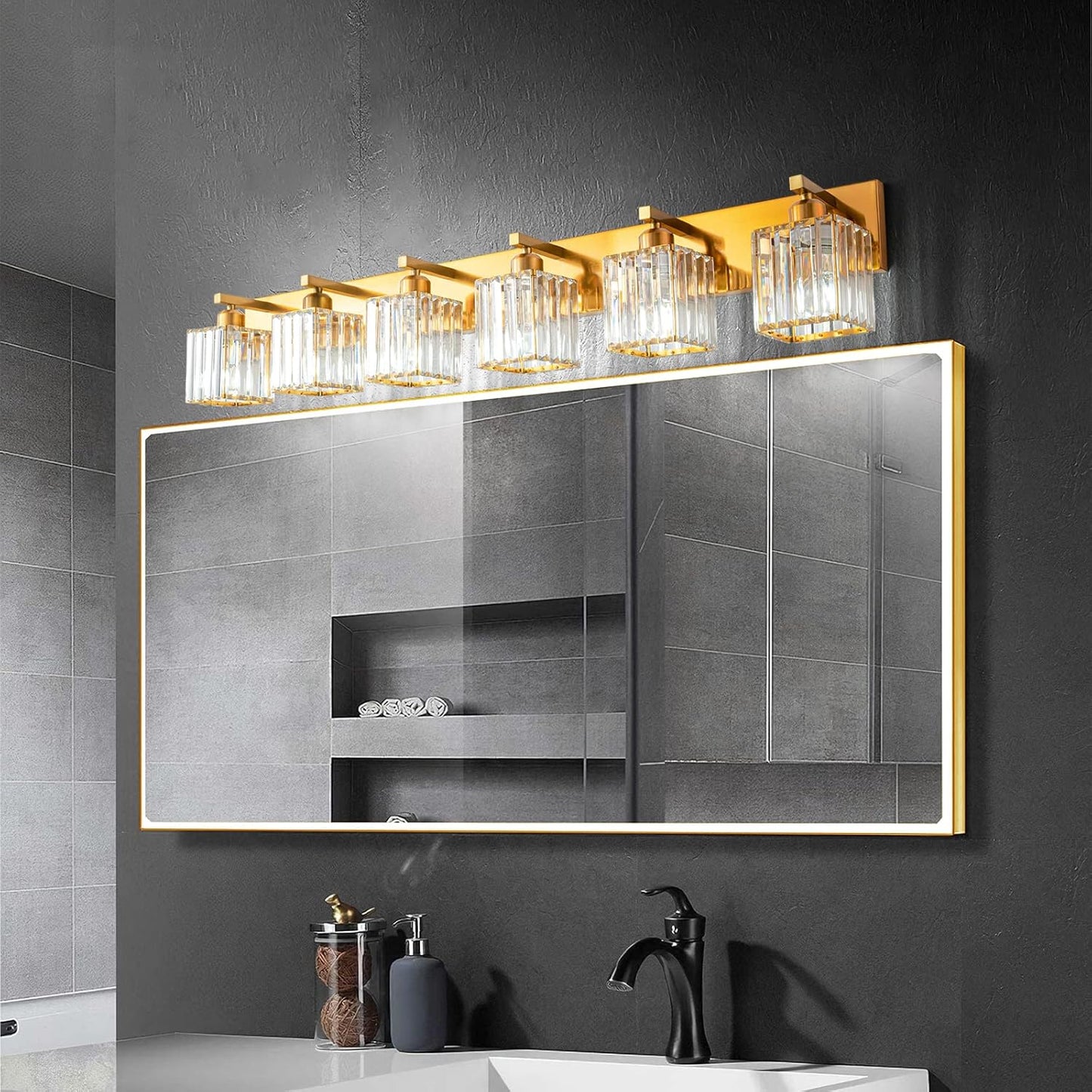 Modern 6-Light Gold Brushed Brass Finish Crystal Wall Light for Bathroom Vanity