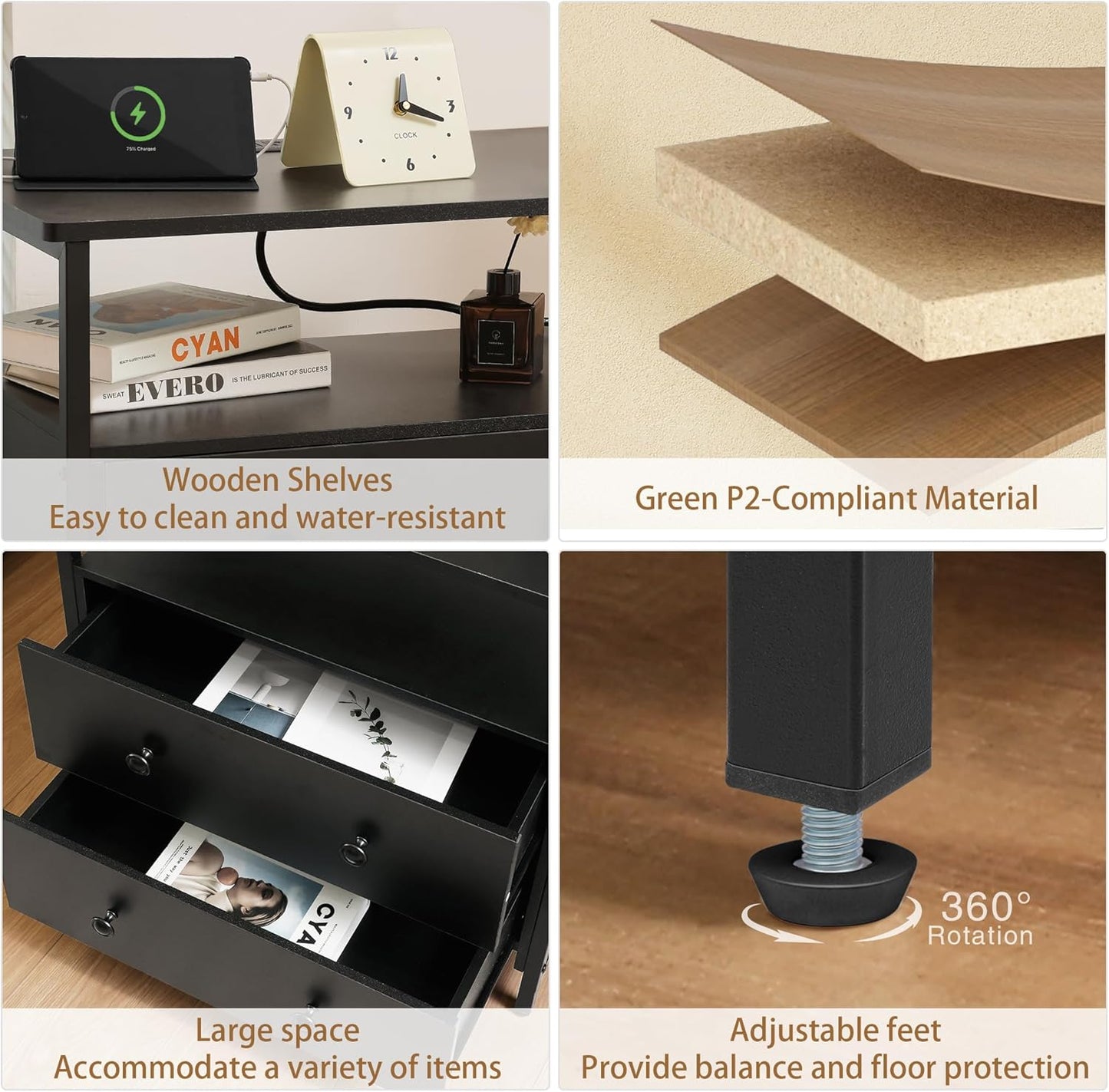 27 inch Wide Nightstand with Charging Station, Bedside Table with Open Shelf, 2 Drawers Small Wood Dresser, End Side Table for Bedroom (2 Pack,Black)