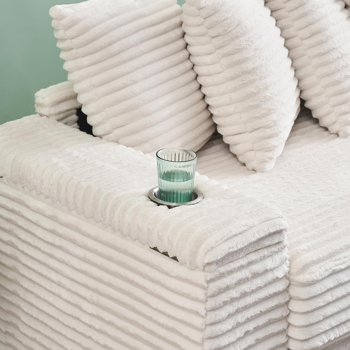 KEIKI 114" Corduroy Sofa with Cup Holders & Storage, L Shaped Sleeper Cloud Couch Set w/Reversible Chaise Lounge, Living Room Oversized Upholstered SofaBed for Apartment, Easy Assembly, Beige