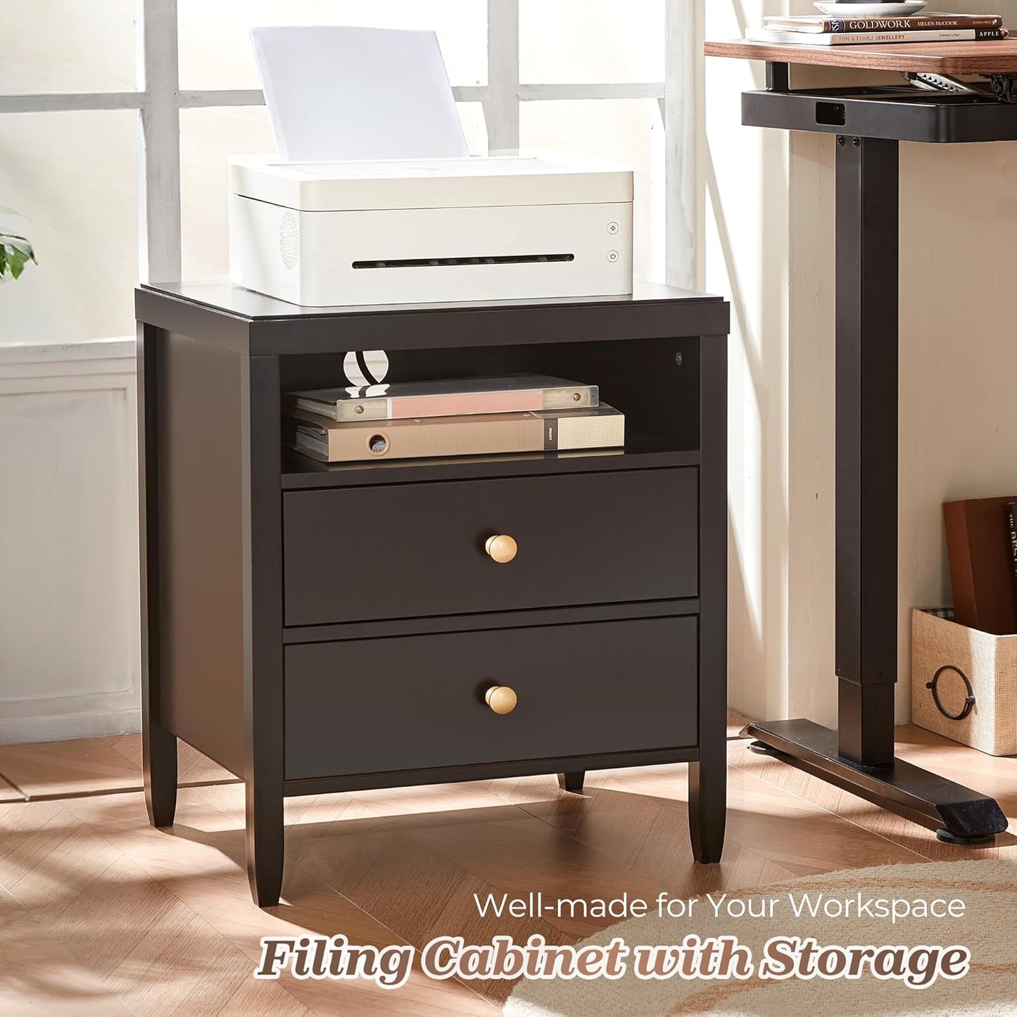Huuger Nightstand with Charging Station, Black Nightstand with 2 Drawers, Bed Side Table for Bedroom, Bedside Table with Storage, Modern Nightstands, Metal Knobs, Painted Surface