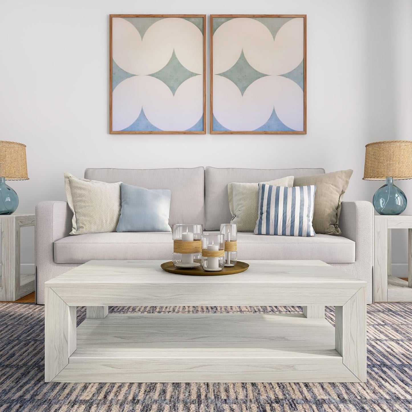 Plank+Beam 40" Modern Rectangular Coffee Table with Shelf, Solid Wood Center Table with Storage, 2 Tier Tea Table for Living Room, White Sand Wirebrush