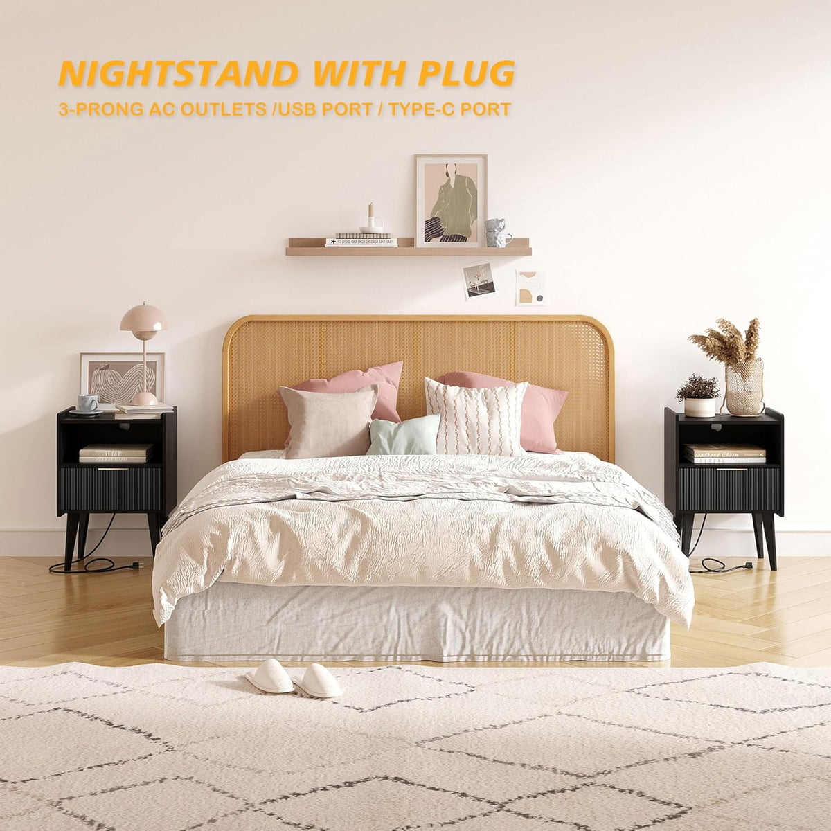 Fluted Nightstand with Charging Station, Modern Bedside Table with Drawer,Black Nightstand with Solid Wood Legs, End Table,Side Table for Living Room,Bedroom Black CTG57BKE